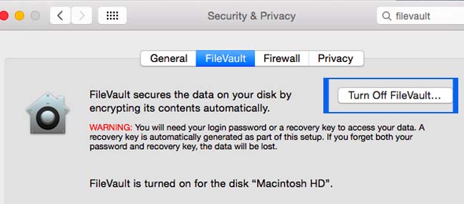 Disable File Vault Disk Encryption system
