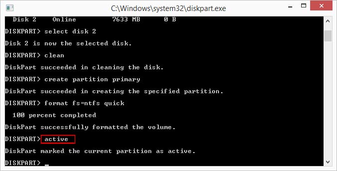 Type Active to mark the disk as active