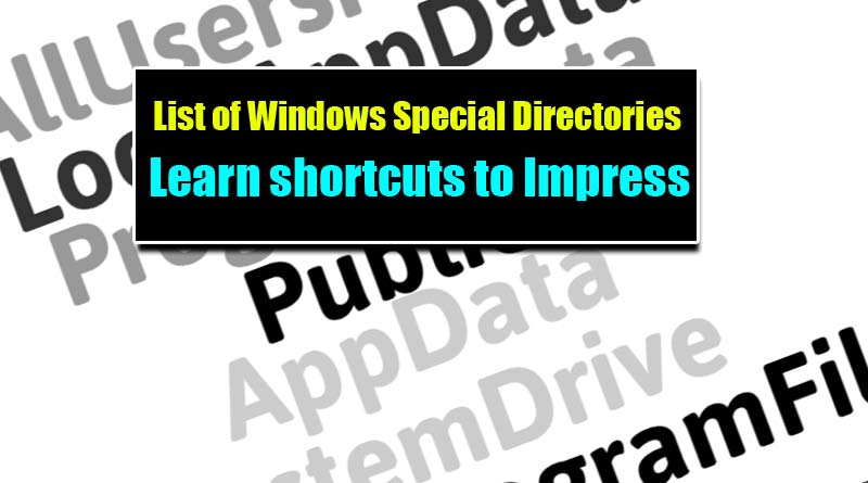 ere is the list of all Windows special directories shortcuts you can use to directly access the default folder for Windows. Type these short codes in Windows Run dialogue box to access special folders set by Windows environment path variables. Press Win+R to open Windows Run dialogue box.