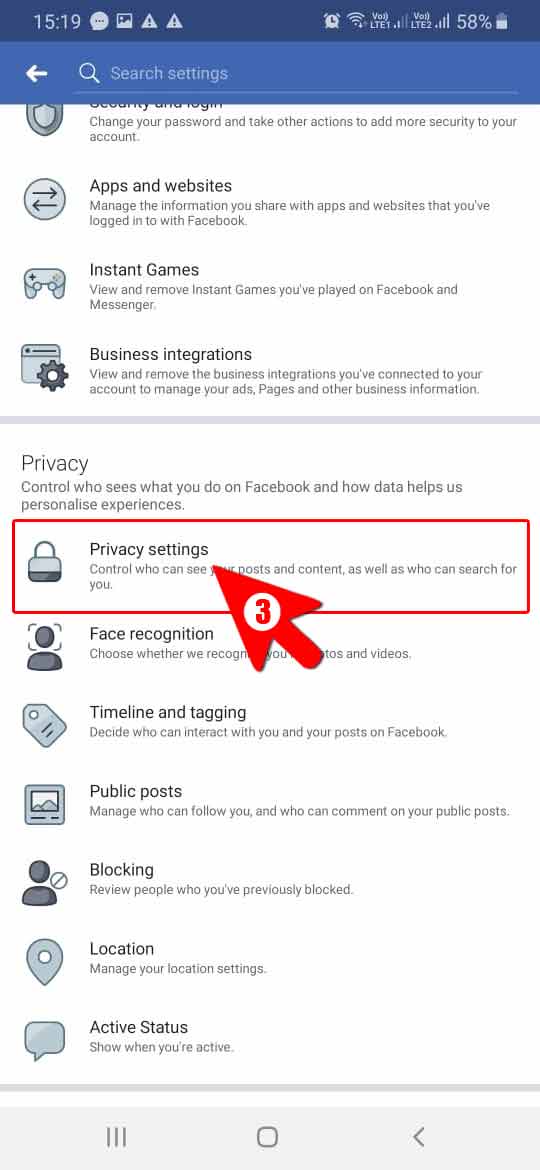Facebook app Privacy settings